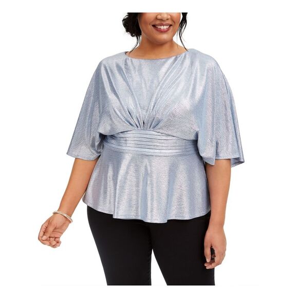 ADRIANNA PAPELL Womens Light Blue Capelet 3/4 Sleeve Peplum Top Petites 14P - Picture 1 of 4